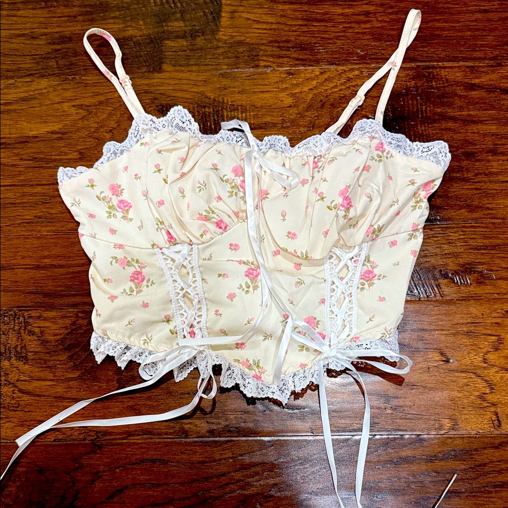 Floral Lace Trim Crop Top - Cream and Pink